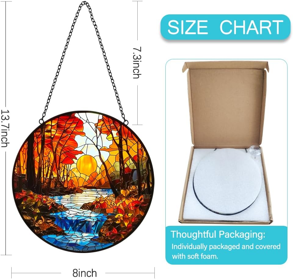 Fall Decor Sunset Suncatcher Stained Glass Window Hanging - Handmade Sun Catchers Indoor Window Decor with Tree and River - Stain Glass Christmas Decorations Panels - Birthday Gift for Women Men Mom