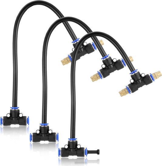 Mornajina 3Packs 2 Way Brass Misting Nozzles Tee with 12inch Built in Hose for Outdoor Cooling System, Adjustable 360° Rotation, Water Mister Nozzles Thread Sprayer 0.043" (1.1 mm)