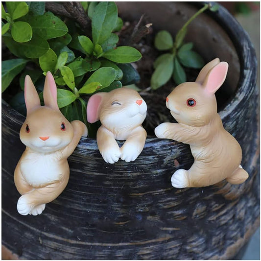 Ebrima Set of 3 Cute Animal Figurines Planter Pot Hanger Decorations, Resin Hanging Climbing Rabbit Sculpture Outdoor Statues Ornaments for Flower Pot Garden Decor (3 Rabbits)