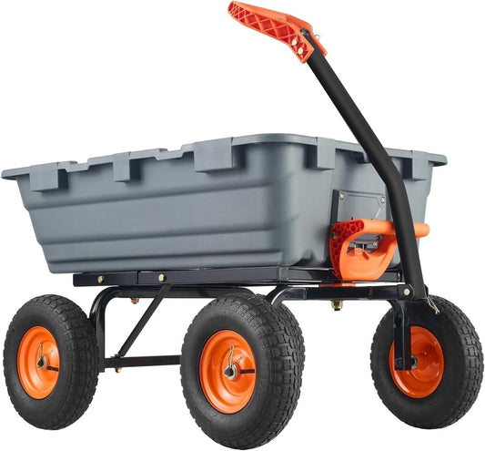Garden Dump Cart, Poly Yard Dump Cart Wagon with 10-Inch Tires, 180° Rotating Handle, Heavy Duty Garden Carts and Wagons Heavy Duty