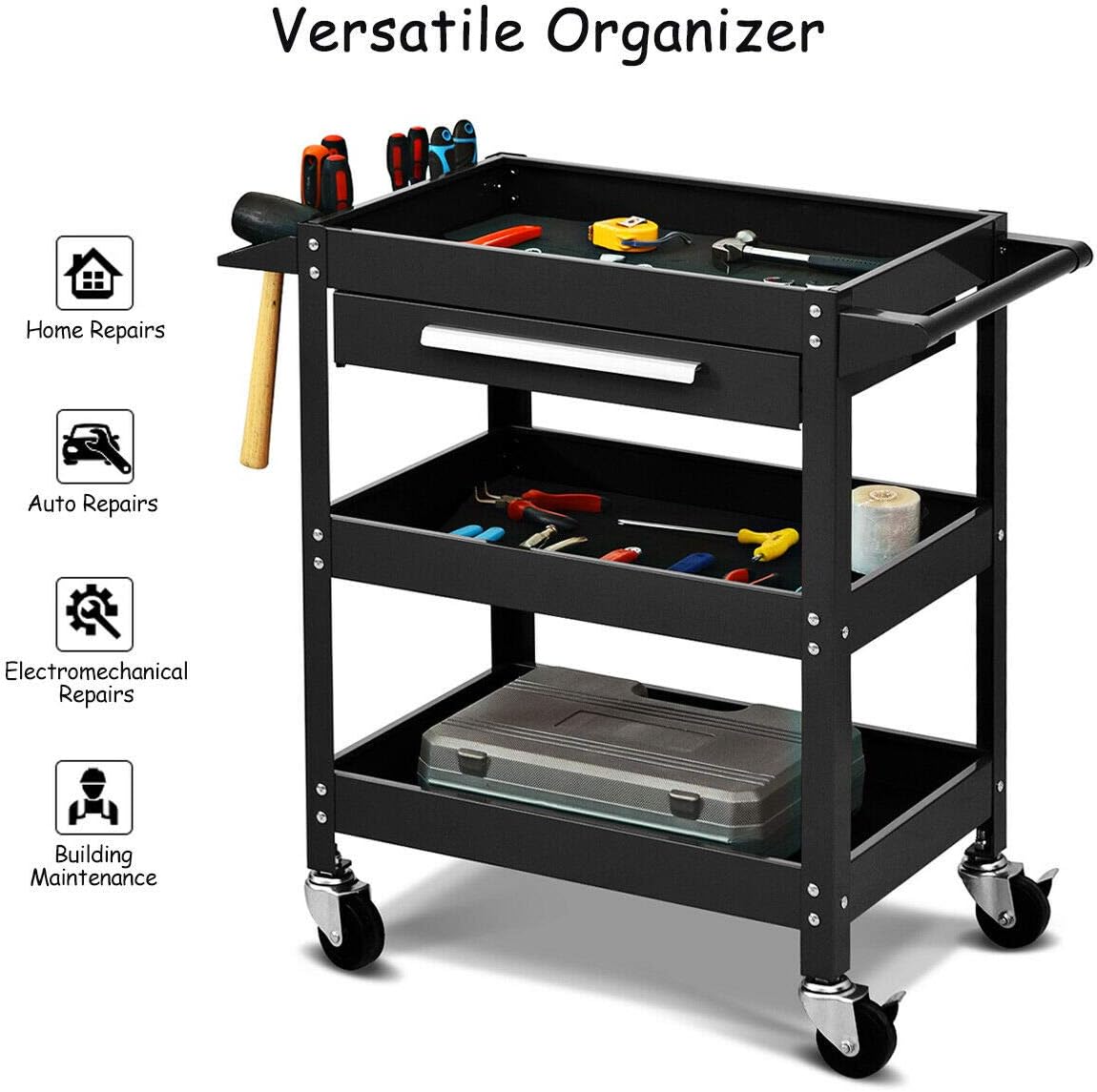 Goplus 3 Tier Rolling Tool Cart, 330 LBS Capacity Heavy Duty Utility Cart Tool Organizer with Storage Drawer, Industrial Commercial Service Tool Cart for Mechanics, Garage, Warehouse & Repair Shop