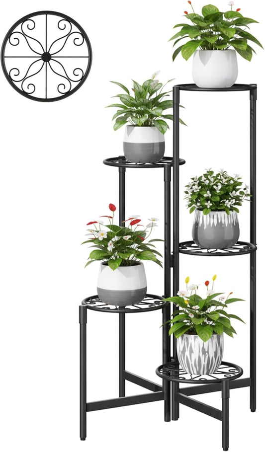 5 Tier Metal Plant Stand for Indoor Outdoor Foldable Corner Tall Plant Shelf for Multiple Plants Flower Pot Holder Display Stand for Living Room Balcony Garden Patio Black