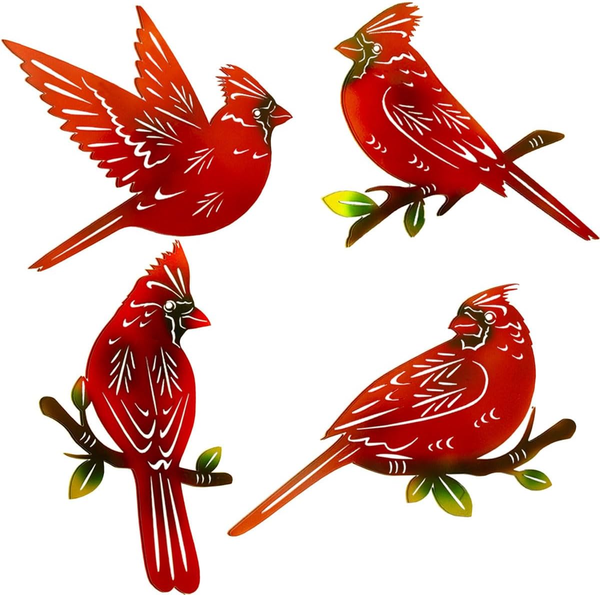 4 Pack Metal Cardinal Wall Art Decor Metal Birds 3D Outdoor Sculpture, Ornaments Hand-Made Nimble red Bird, Gifts for Mom,Birthday Gifts for Grandma Wife