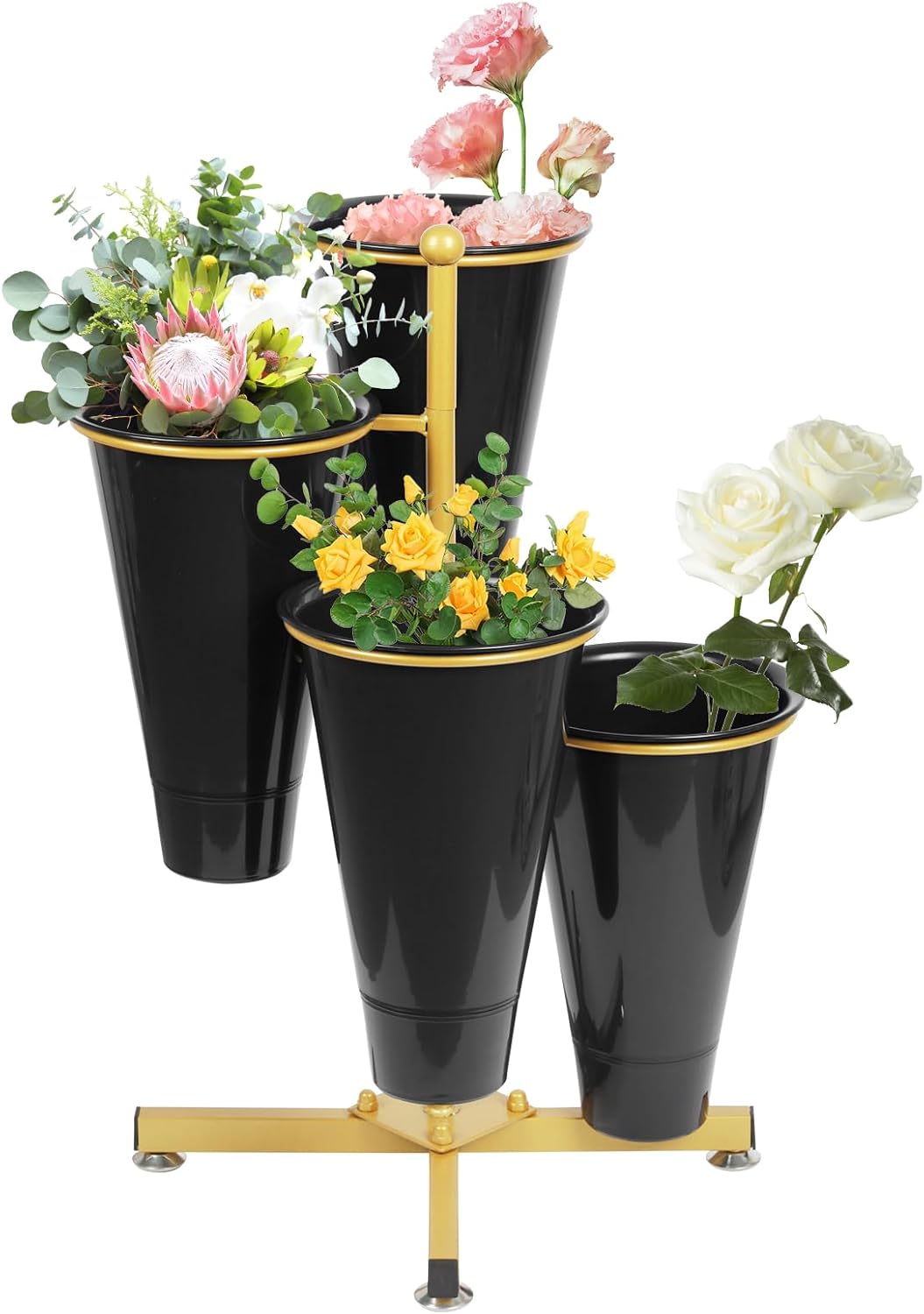 Flower Display Stand with 4 Bucket,Floral Stand with Foldable Frame for Silk Fresh Flowers,4 Tier Florist Shelf Plant Cart for flower shop Garden Living Room,Easy to Install (Gold Shelf+ Black Bucket)