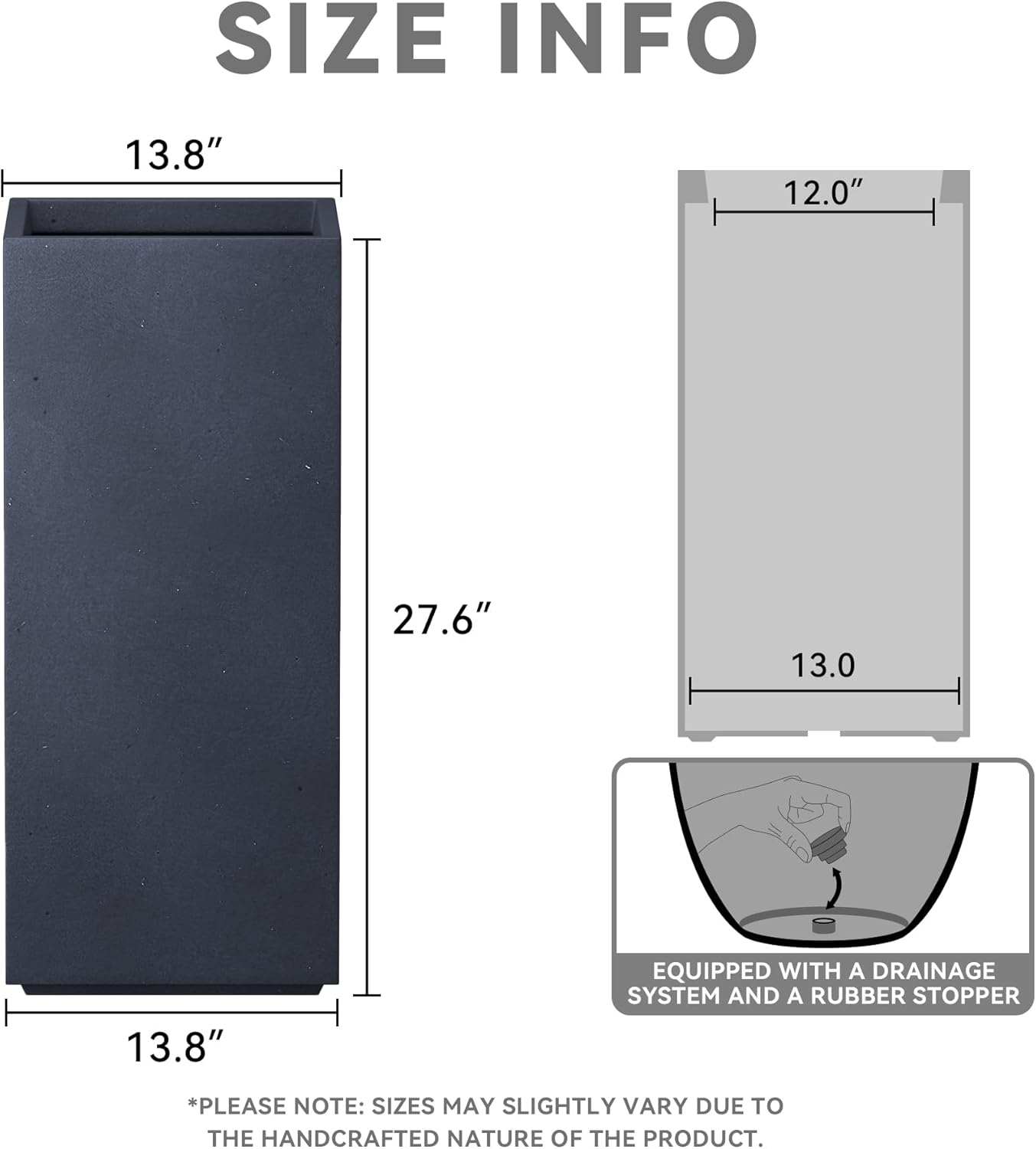 Kante 27.6" H Tall Rectangular Concrete Planter, Modern Square Diameter Plant Pot with Drainage Hole and Rubber Plug for Indoor Outdoor Home Patio Garden, Charcoal