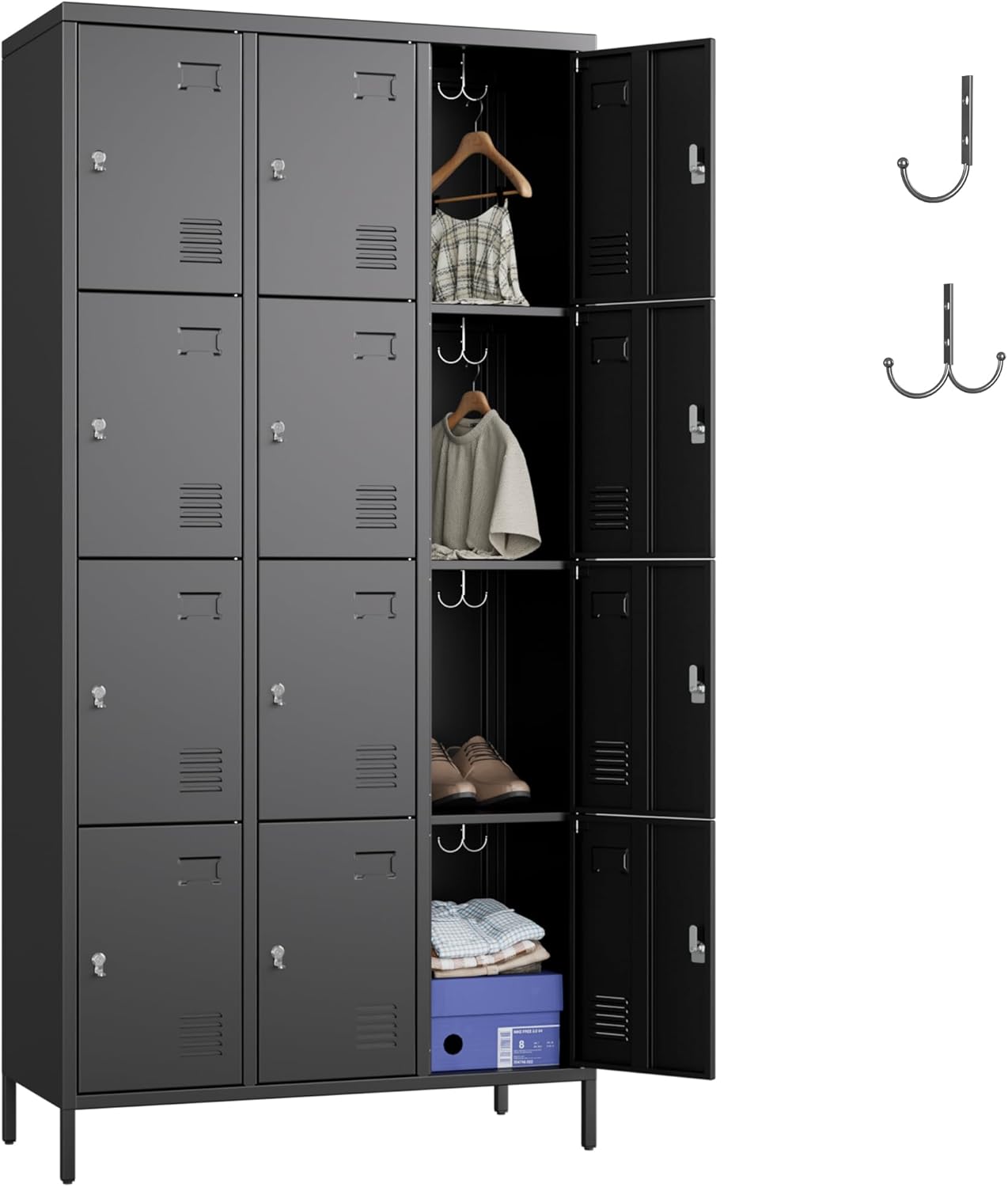 12 Doors Employee Lockers,72" H Metal Storage Lockers for Employees with 12 Hooks for Offices School Gyms Home,Assembly Required,Black