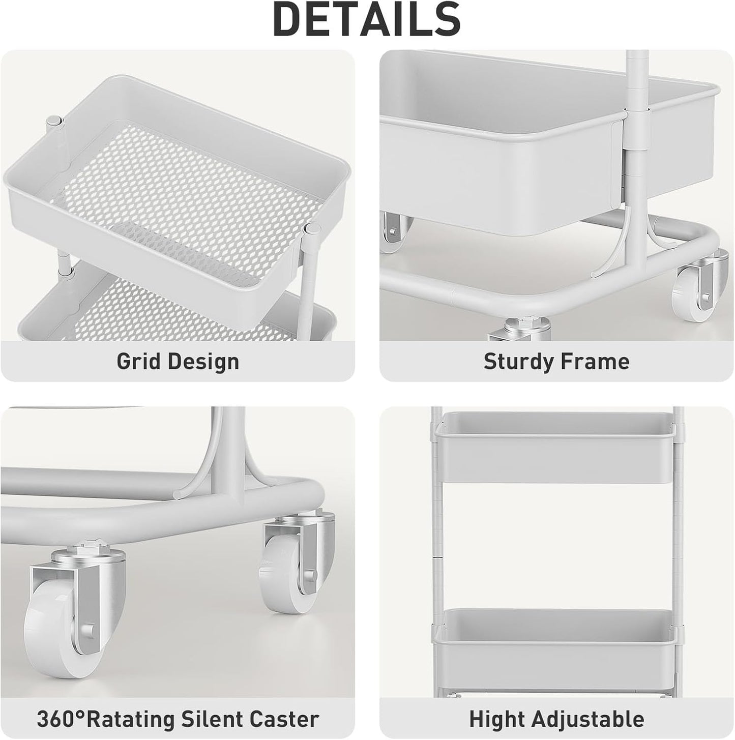 3-Tier Modern Metal Rolling Utility Cart with Silent Casters, 15.35x11.81x23.74 inch Heavy Duty Organizing Cart Trolley Organizer for Office, Living Room, Kitchen，(White)
