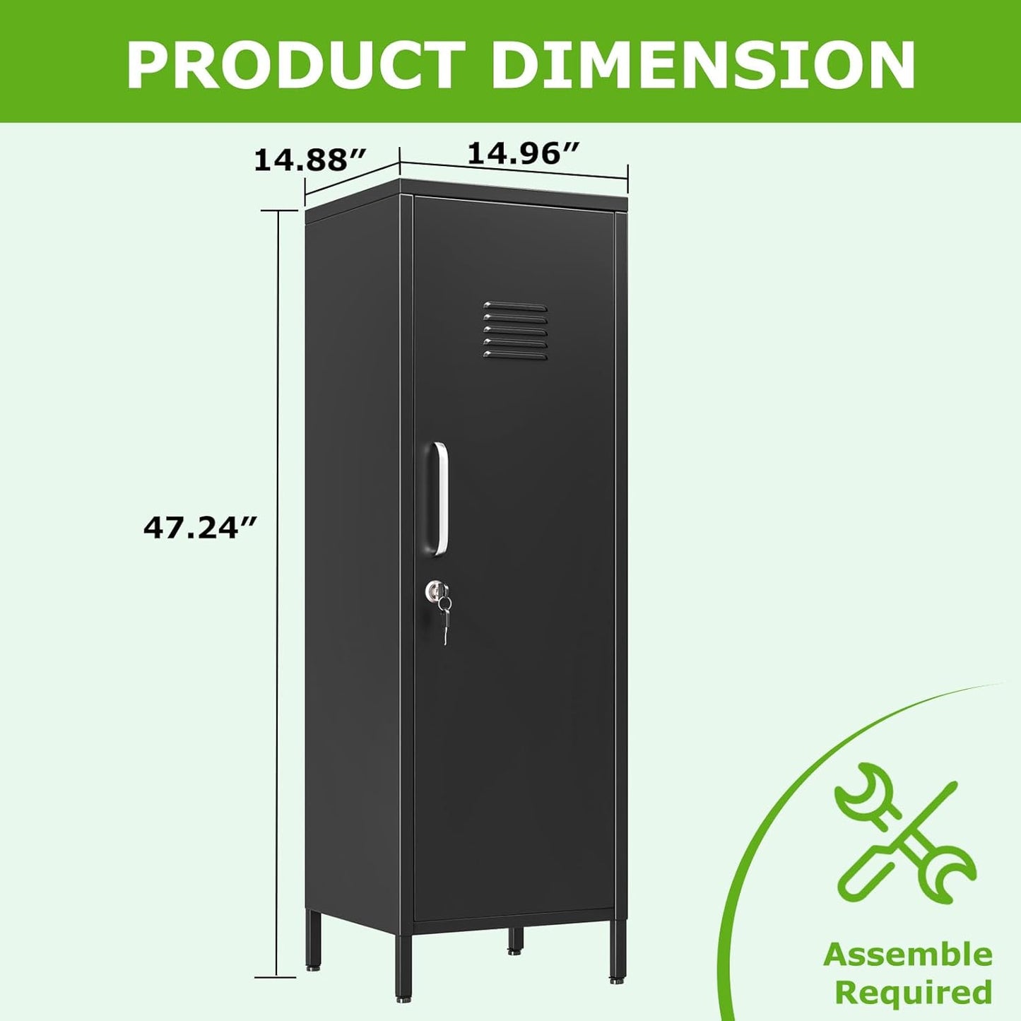 47" Metal Storage Locker, Lockable Employees Metal Locker with Door and Adjustable Shelves, Steel Locker for Home, School, Office, Gym (Black)