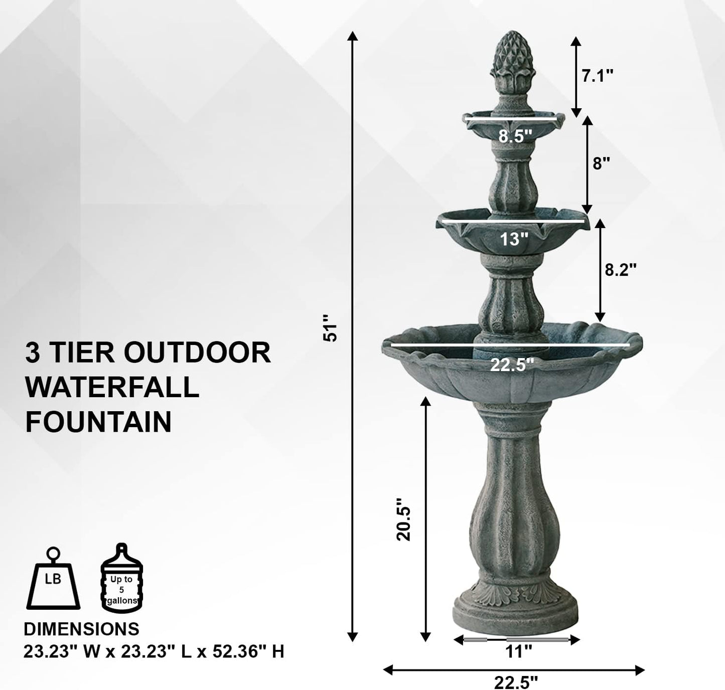 XBrand 3-Tier Freestanding Waterfall Fountain w/Pump & Pineapple Top, 51 Inch Tall, Grey, Large Outdoor Garden Fountain, Ideal for Garden, Porch, and Lawn