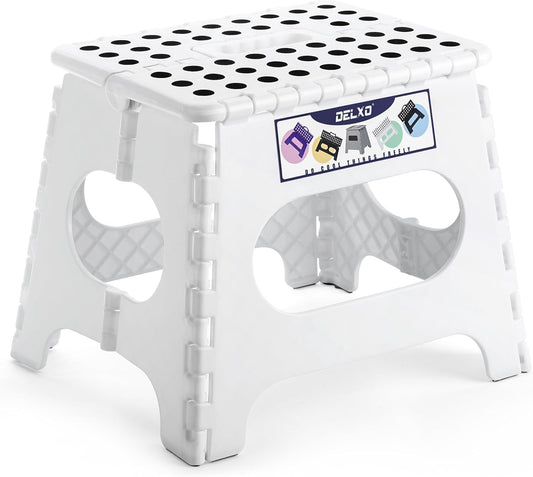 Delxo Folding Step Stool,11 Inch Non-Slip Foldable Step Stools for Kids and Adults,Portable Foldable Step Stool Lightweight Small Folding Stool with Handle for Kitchen Bathroom in White,1 Pack
