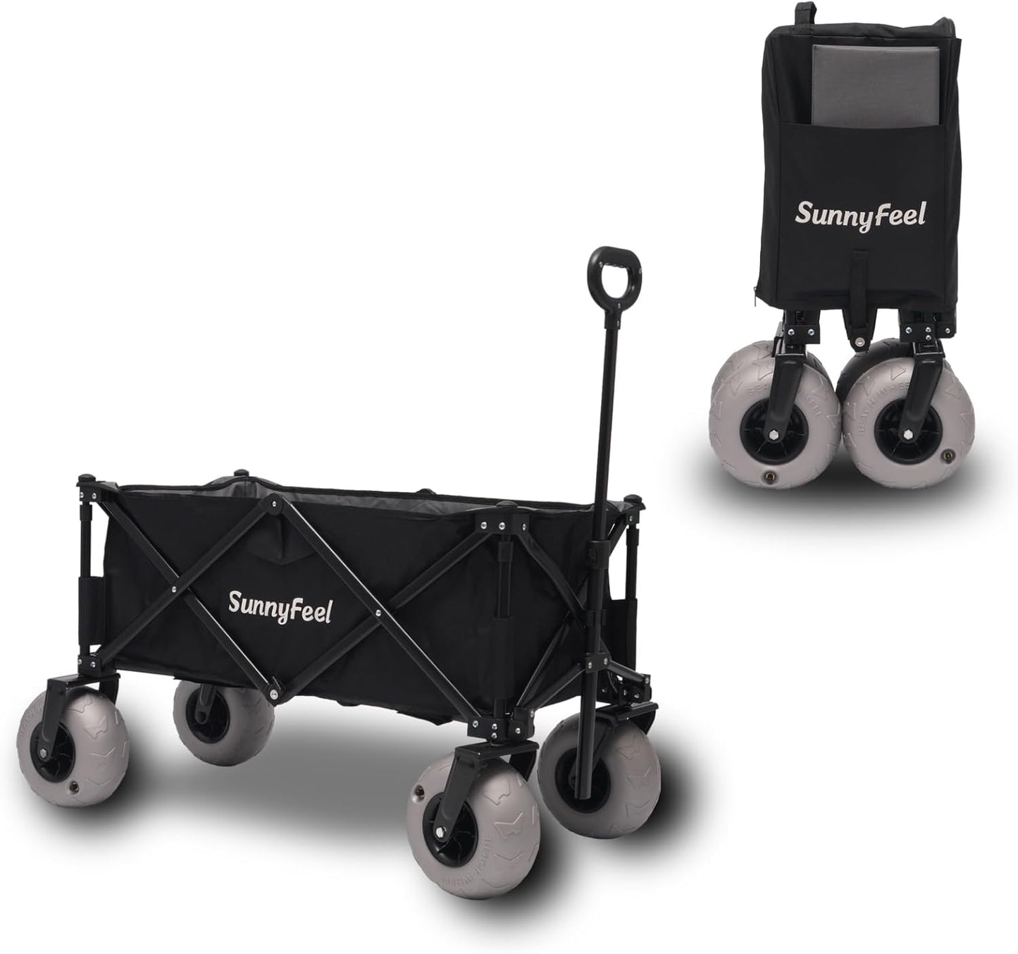SUNNYFEEL 41''L 550lbs Heavy Duty Beach Wagon with 9" Balloon Tires, 200L Fold Up Wagon Cart Foldable with Side Pocket and Brakes for Camping Sports Garden Shopping (Black)