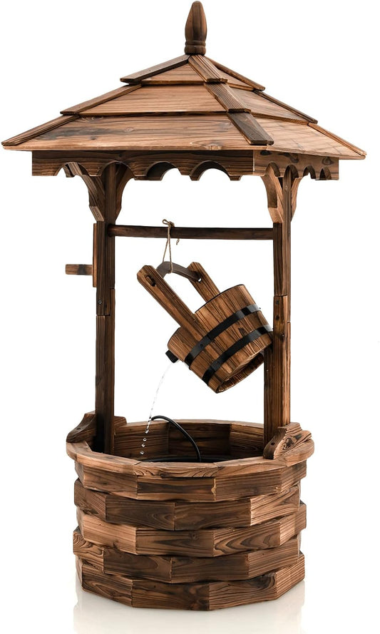 Giantex Rustic Wishing Well Fountain, Outdoor Wooden Water Fountain with Electric Pump, 5 Adjustable Water Flow Rates, Water Bucket, Freestanding Decorative Wishing Well for Backyard Patio Garden
