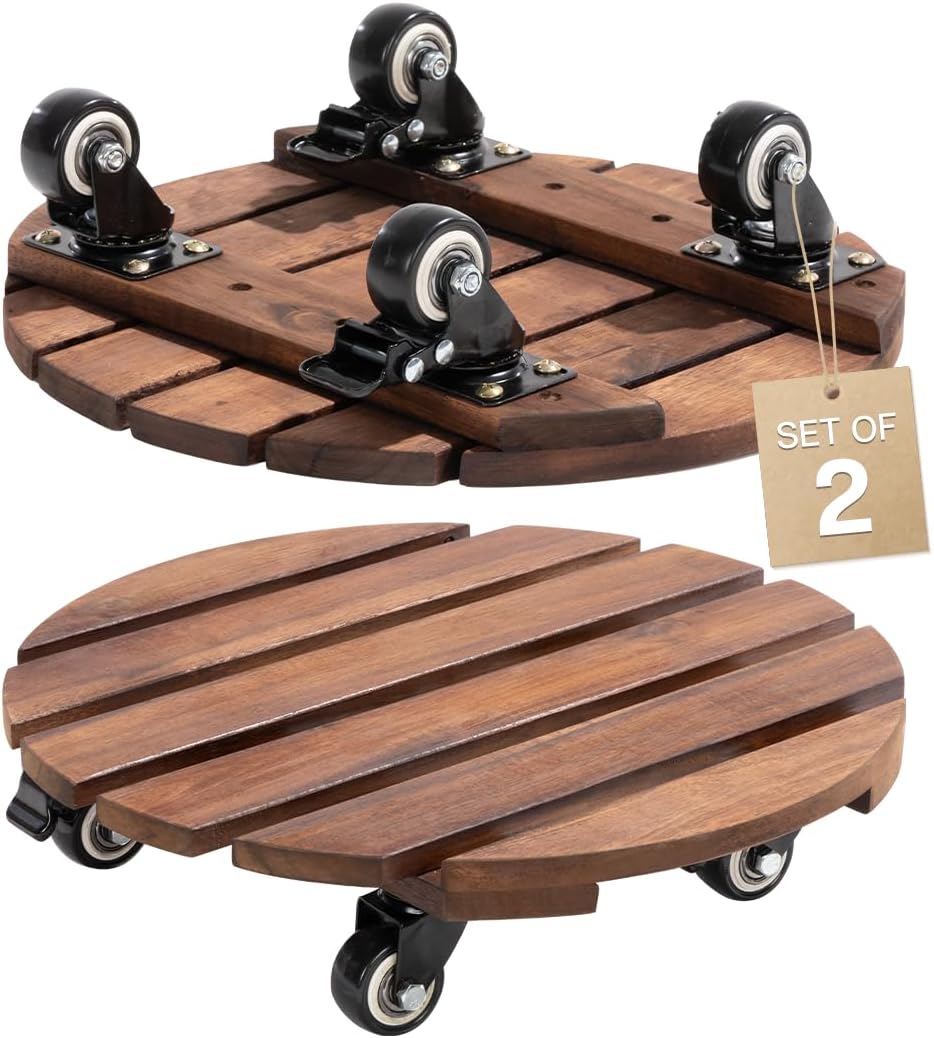 Idzo 2-Pack 14 Inch Acacia Wood Plant Caddy with Wheels – Heavy-Duty Plant Dolly with 264 Lbs Capacity, 360° Lockable Wheels for Large Plant Pots, Heavy Objects, Ideal for Indoor and Outdoor Use