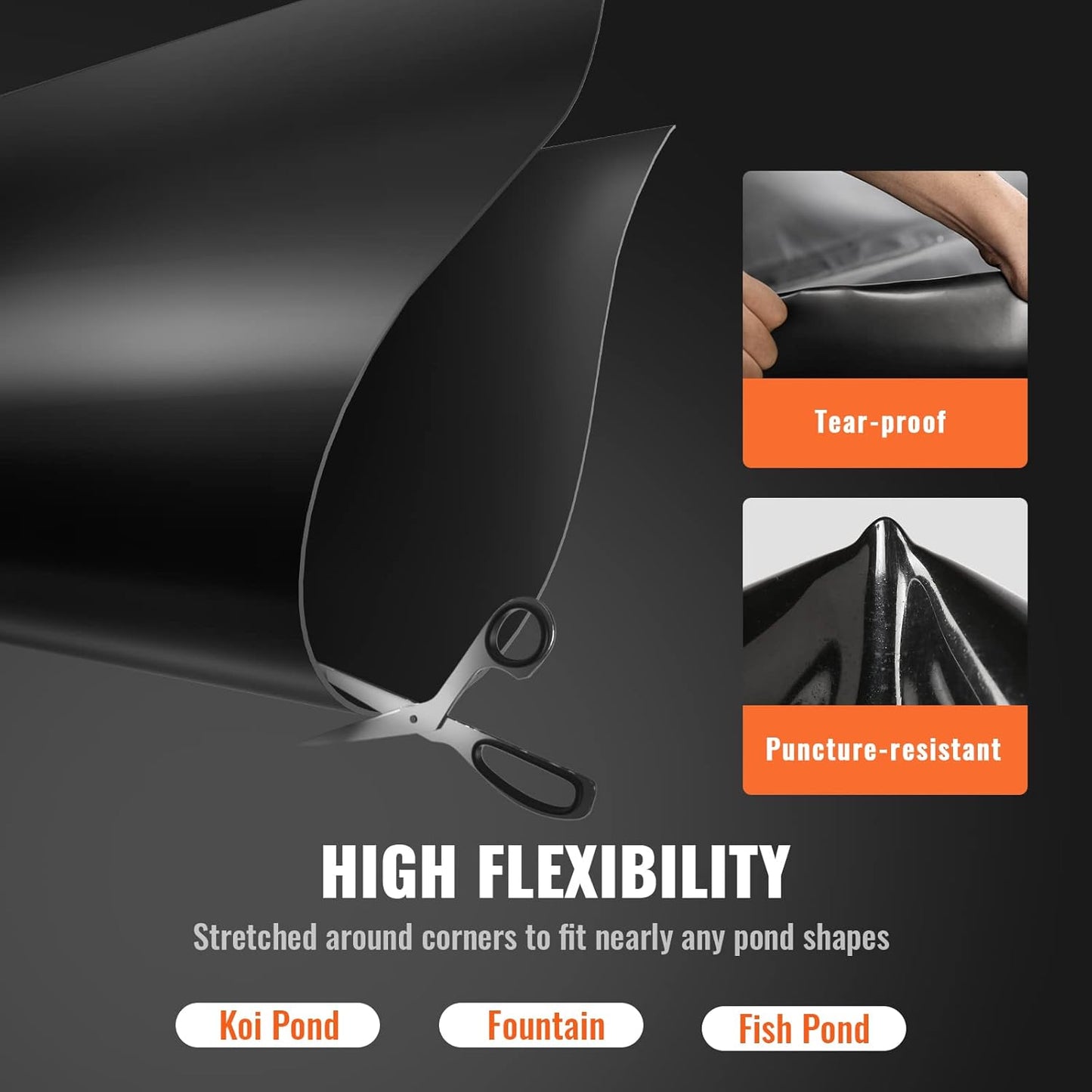 VEVOR 10 x 13 ft Pond Liner, 20 Mil Thickness, Pliable & Durable LLDPE Material, Easy Cutting Underlayment for Fish or Koi,Waterfall, Fountains, Water Gardens, Black
