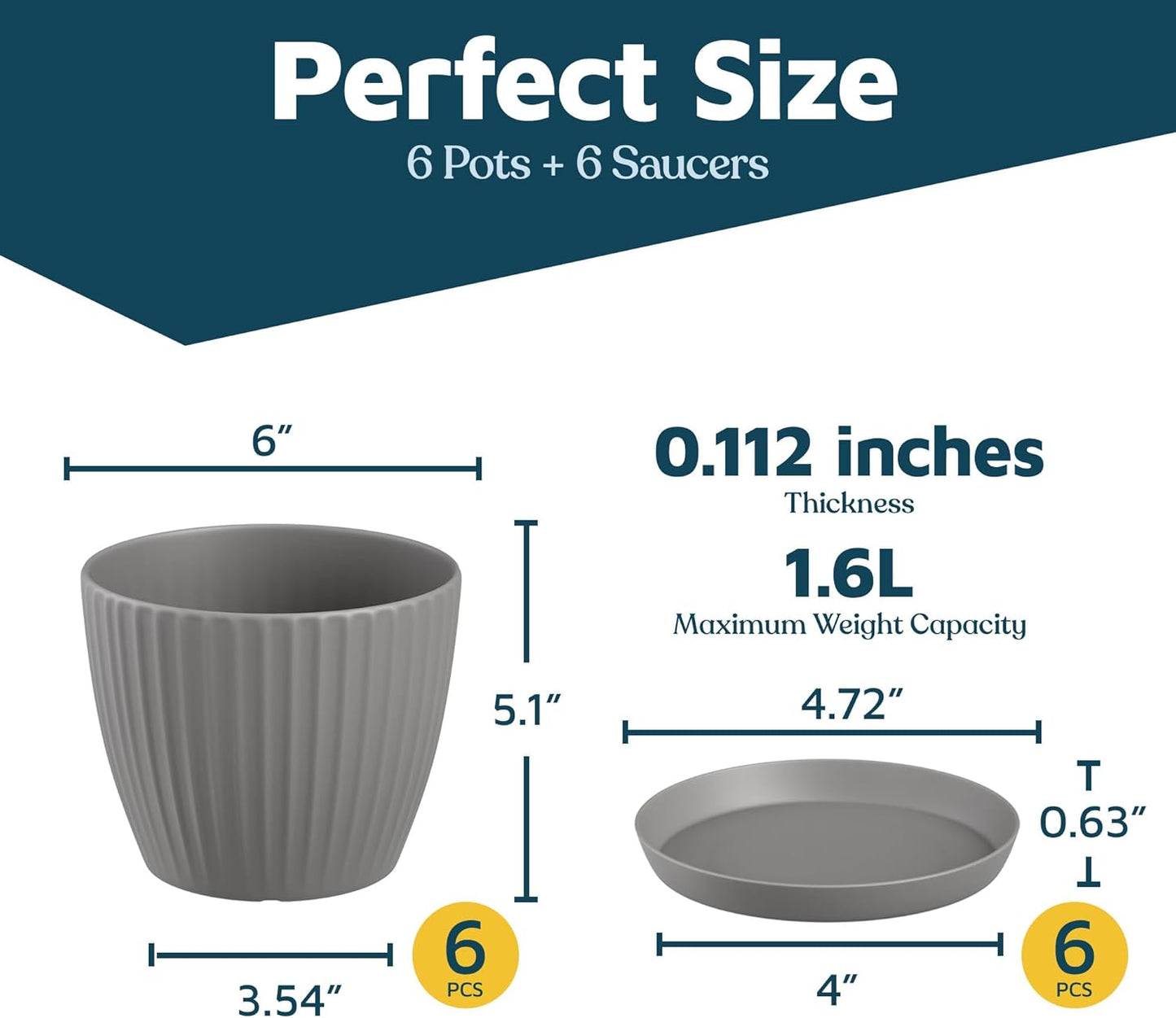 Gray 6-Inch Plant Pots with Drainage & Saucers 6 Pack, Indoor & Outdoor Planters for Houseplants, Herbs, and Flowers, Durable & Weatherproof Material, Stackable, Lightweight, Minimalist Design