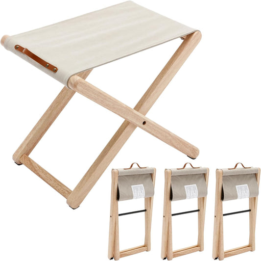 Folding Camping Stools Set of 4, Canvas Folding Stool with Wood Legs Portable Camp Stool Chairs for Outdoor Fishing Picnic Travel BBQ, Beige