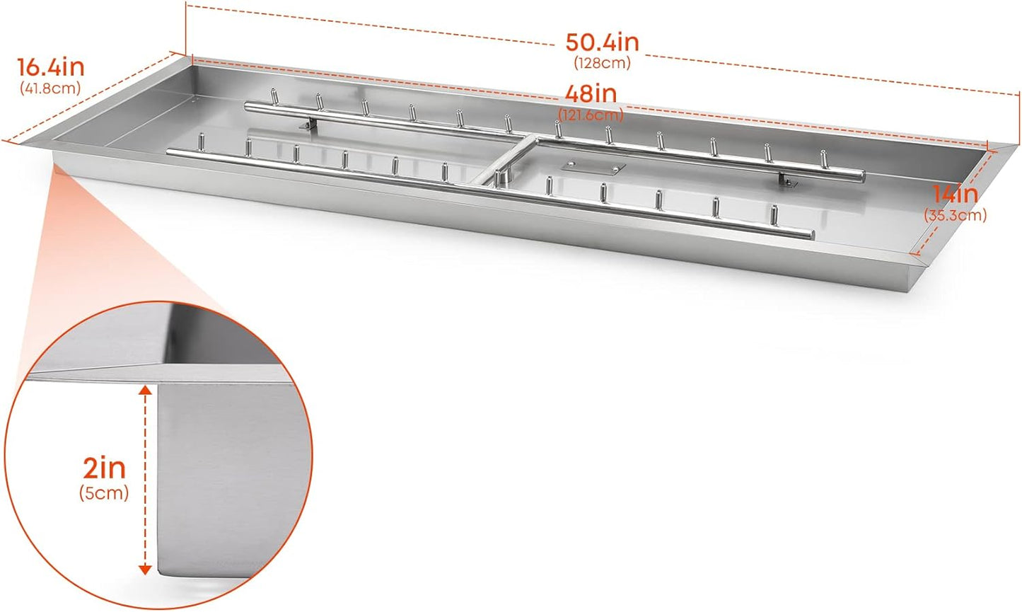 Stanbroil 48 x 14 Inch Upgrade Rectangle Fire Pit Jet Burner Pan, 304 SS Propane Gas Firepit for Outside DIY Fire Pit Table, High Flame, BTU 185,000 Max
