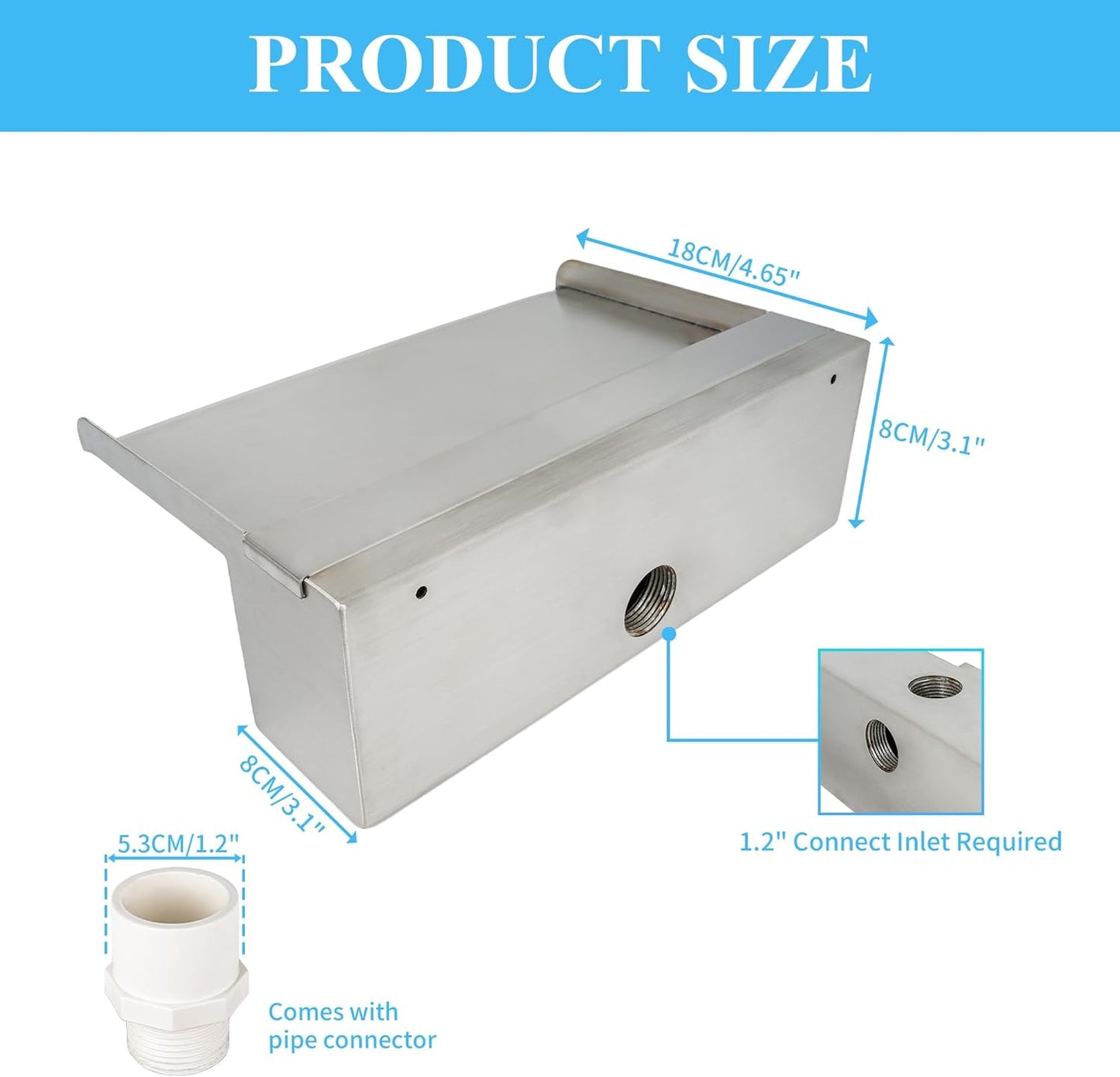 36 Inch Pool Fountain 304 Stainless Steel Waterfall Spillway with Pipe Connector Kits, Wider Water Flow Sheer Descent Platform Water Feature Fountain for Swimming Pool, Outdoor Garden Decor