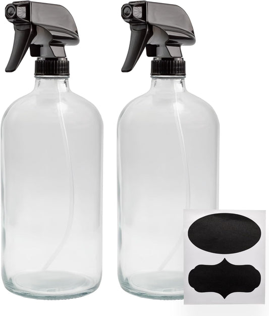 Cornucopia 32oz Glass Spray Bottles (2-Pack, Clear); Quart Bottles w/ 3-Setting Adjustable Trigger Sprayers; Includes Chalk Labels