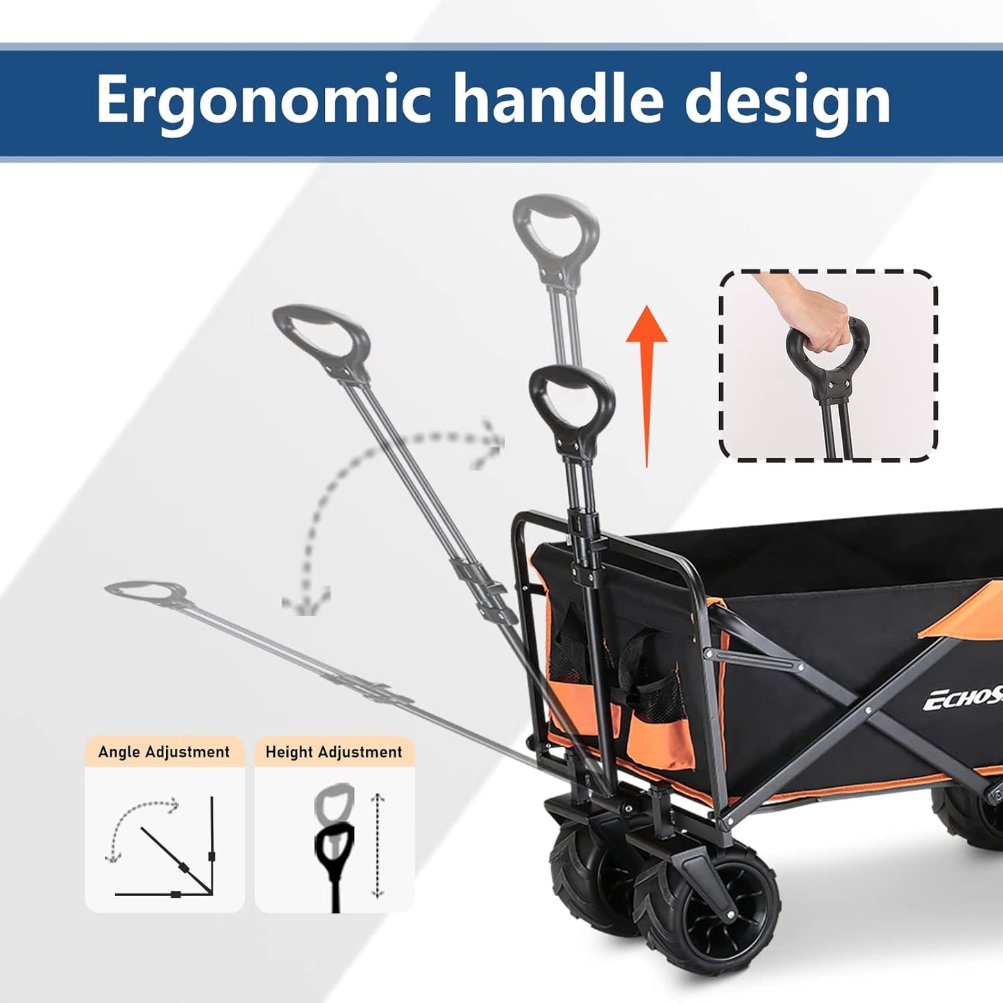 EchoSmile Heavy Duty 350 Lbs Capacity Collapsible Wagon, Outdoor Folding Camping Wagons, Grocery Portable Utility Cart, Adjustable Rolling Carts, All Terrain Sports Wagon with Big Wheels by Boahaus