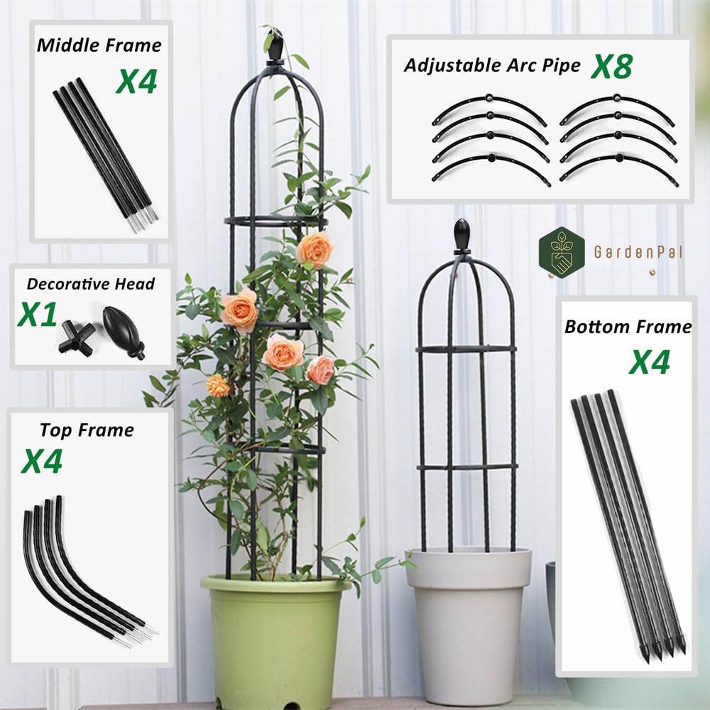 GardenPal Rustproof Metal Pipe Garden Obelisk Trellis, Tomato Cage and Plant Support for Climbing Plants, Potted Tall Plant Stakes for Vine Vegetable Flower Support Outdoor Indoor - 1 Pack