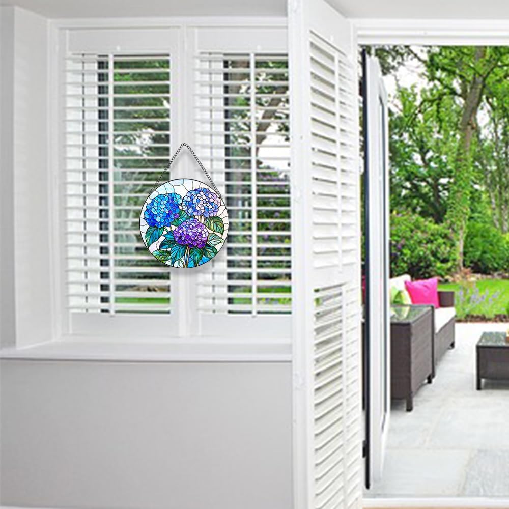 Handmade Hydrangea Flower Stained Glass Suncatcher - Vibrant Window Décor for Home/Garden,Gift-Ready Sun Catcher Art with Hook (Blue, 6.3 * 6.3IN)