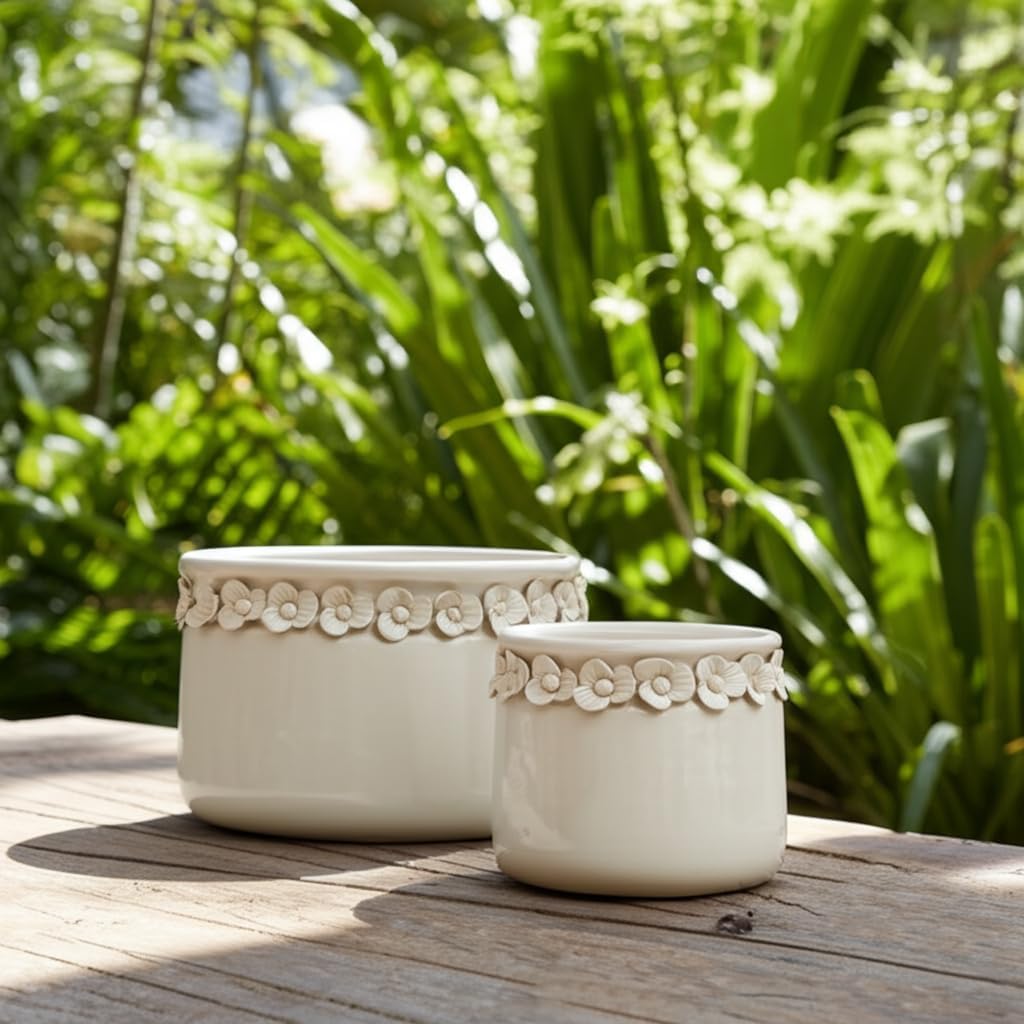 Decorative Flower Pot for Home Decor – Ceramic Indoor or Outdoor Planter with Sculpted Floral for Succulents or Houseplants – Pot for Plants for Garden, Patio, or Room Decor; Set of 2 – 7", 6" Ivory