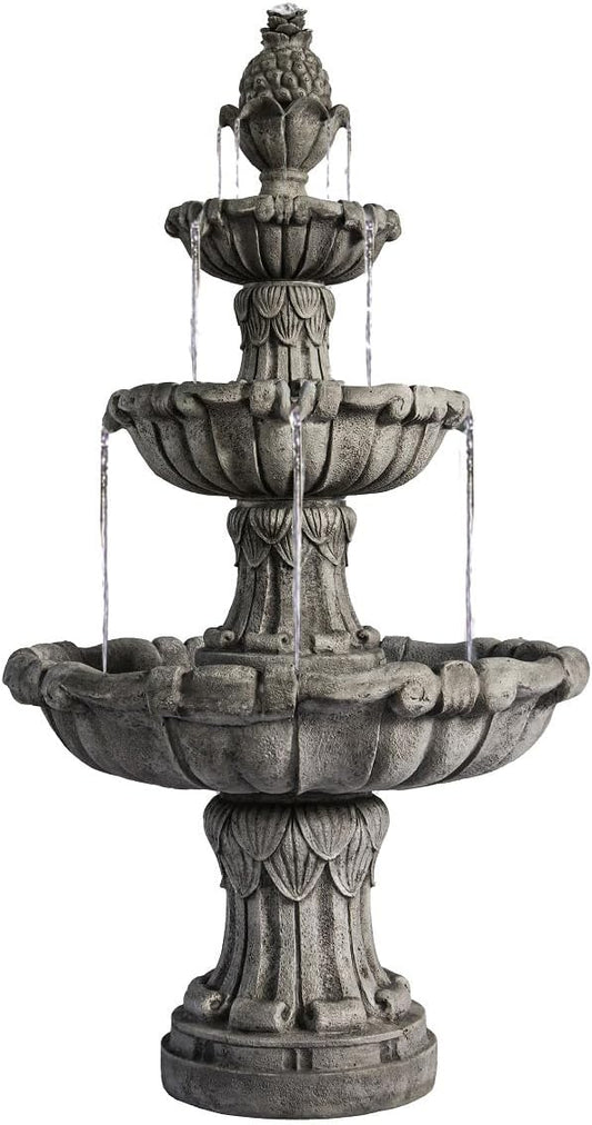 58.3" Leaf Water Fountain, 3-Tier, Outdoor, Gray Resin, Pump