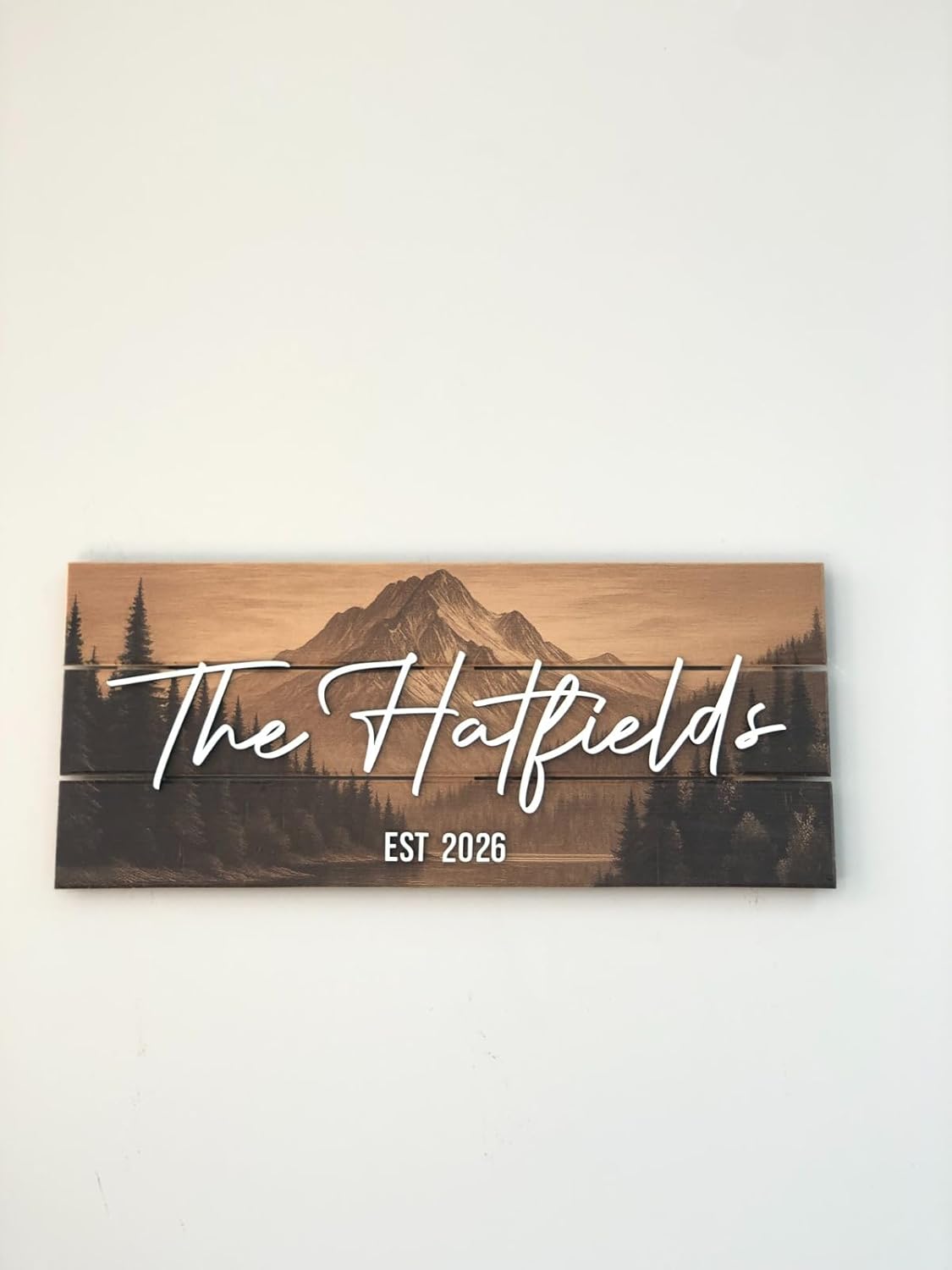 Custom Mountain Family Name Sign - Rustic Wood Wall Decor, Personalized Wedding & Gift for Couples Anniversary, Housewarming Gift for New Home