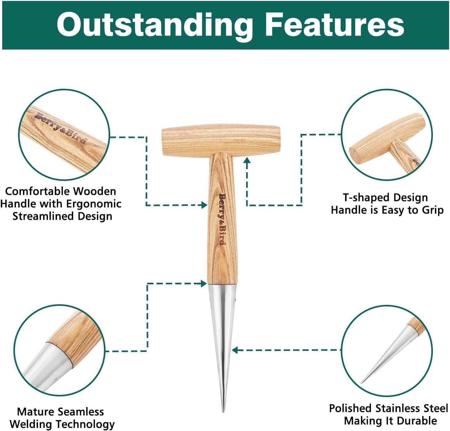 Berry&Bird Hand Dibber, Stainless Steel Sow Dibbler with Wood Handle, Garden Hole Punch Dibbler Tool for Planting Seeds & Bulbs, Hand Held Bulb Planter for Planting Flowers Tulips, Daffodils, Dahlias