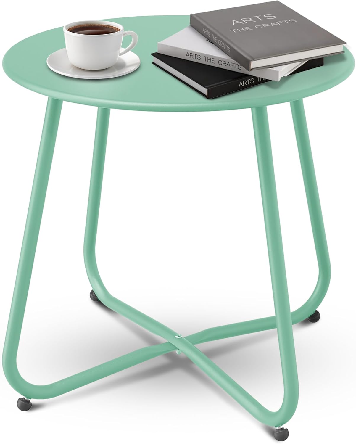 Patio Side Table Waterproof Round Metal Steel Weather Resistant Portable Outdoor and Indoor End Table for Garden Balcony Yard, Bean Green