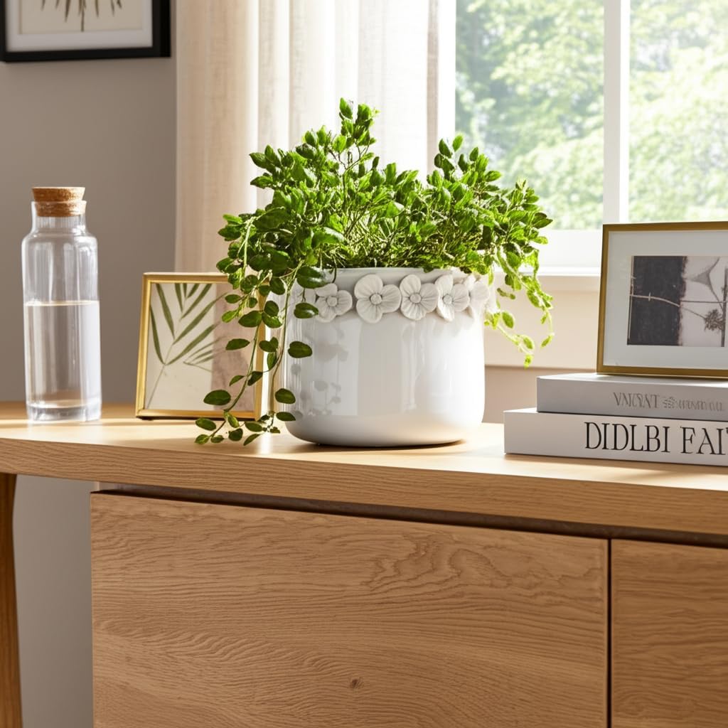 Decorative Flower Pot for Home Decor – Ceramic Indoor or Outdoor Planter with Sculpted Floral Rim for Succulents or Houseplants – Pot for Plants Perfect for Garden, Patio, or Room Decor – 5" White