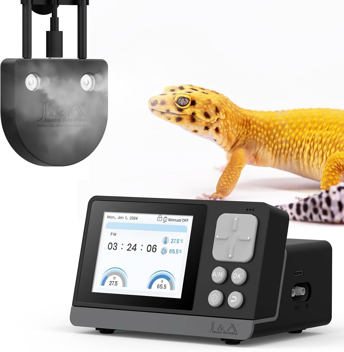 J&A Automatic Fogger for Reptile Tank, Mister for Terrariums, Humidifer with Programable Timer, Temp-Hygrometer Sensor, Ideal for Amphibians/Reptiles/Paludarium/Vivarium (Black)