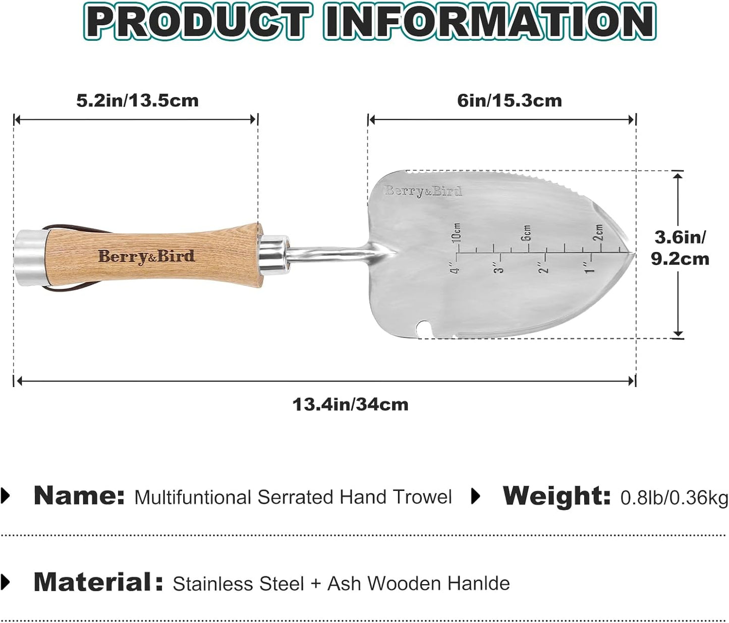 Berry&Bird Weeding Trowel, Multi- Use Hand Shovel with Serrated Blade Stainless Steel Garden Trowel Plus Size Potting Trowel with Wooden Handle for Transplanting, Digging, Measuring, Cutting Roots
