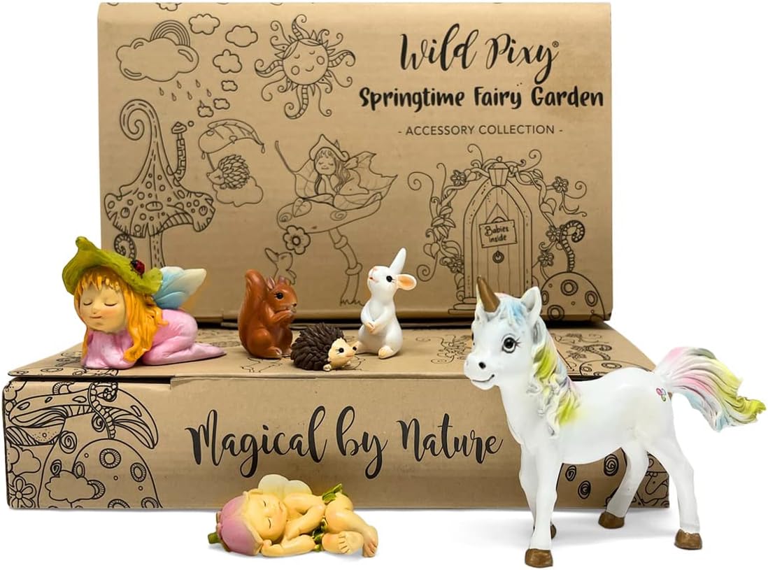 WILD PIXY Baby Miniature Fairy Garden Set – Springtime Fairy Accessories Kit with Gorgeous Fairies and Animals, Indoor/Outdoor Figurines in Designer Gift Box, Perfect for Garden Decor