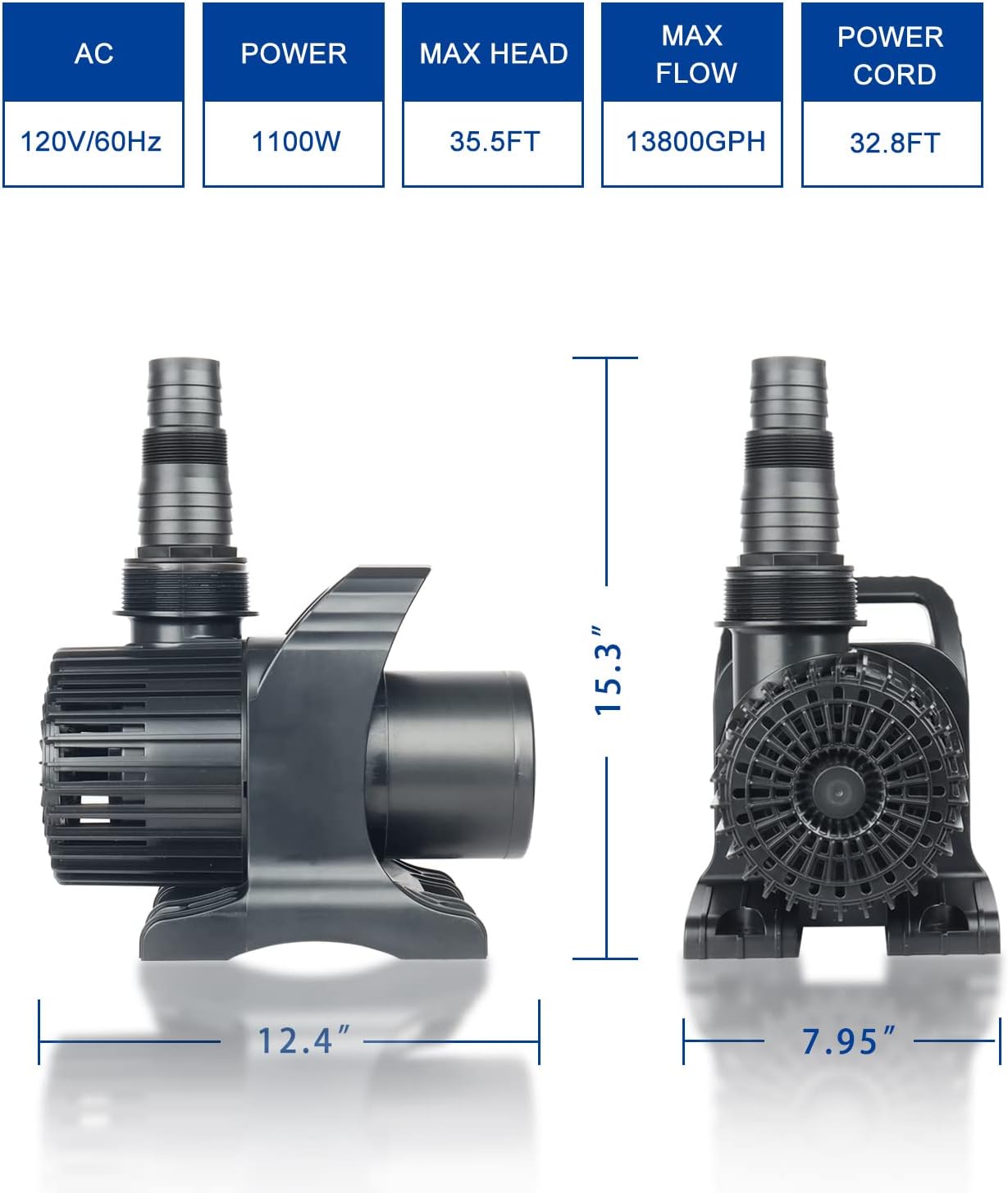 OYO WATER Outdoor Extra Large 13800gph-1100W 32.8FT Pond Water-fall & Kio Fish Fountain-s& Garden Pump Submersible IPX8:Long 32.8FT Cord Smart-er&Quieter Duck&Yard&Patio Ponds Pumps,1 Barrier Pump Bag