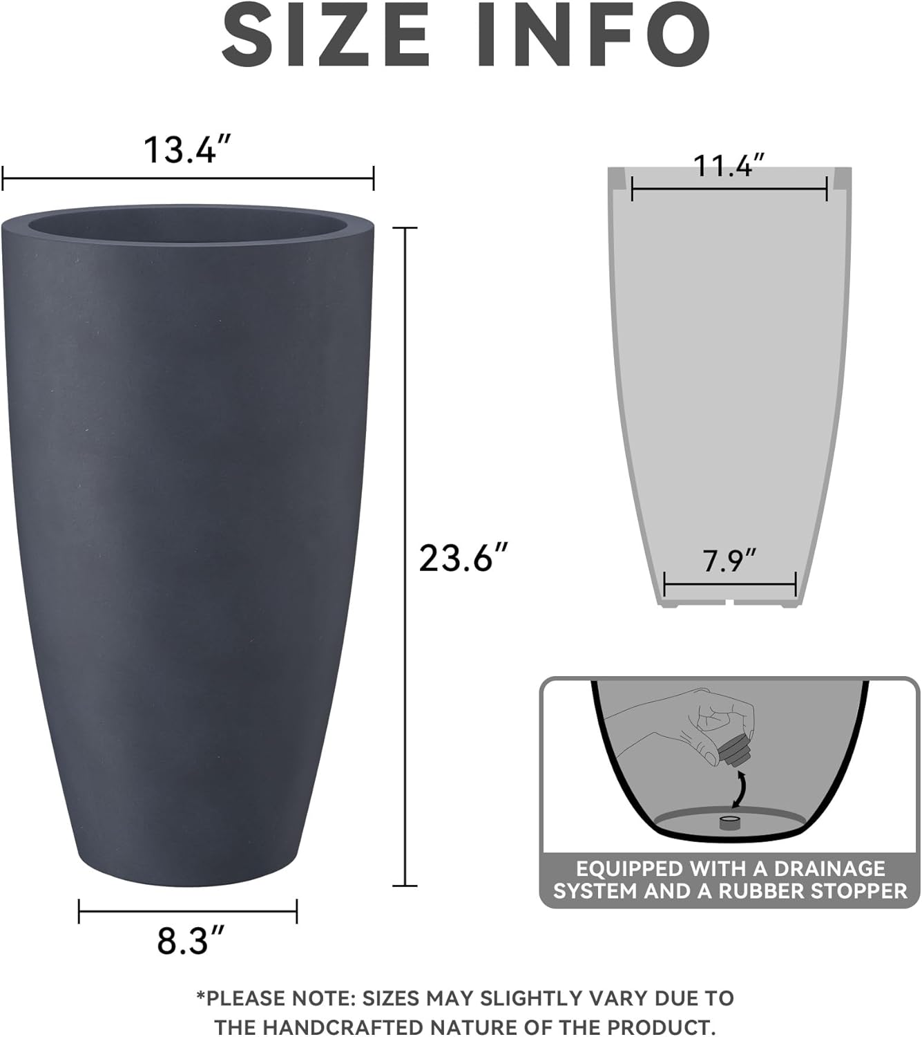 Kante 23.6" H Charcoal Finish Concrete Tall Planters Large Outdoor Indoor Decorative Plant Pots with Drainage Hole and Rubber Plug, Modern Tapered Style for Home and Garden
