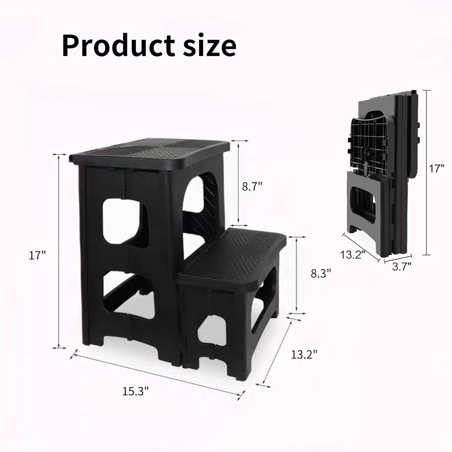 2-Step Folding Stool, Non-Slip Folding Step Stool Plastic Steps Ladder, Portable Bedside Step Stool, Hold up to 300 lbs, Lightweight & Foldable Step Ladder for Kitchen Toilet Office Home RV-Black