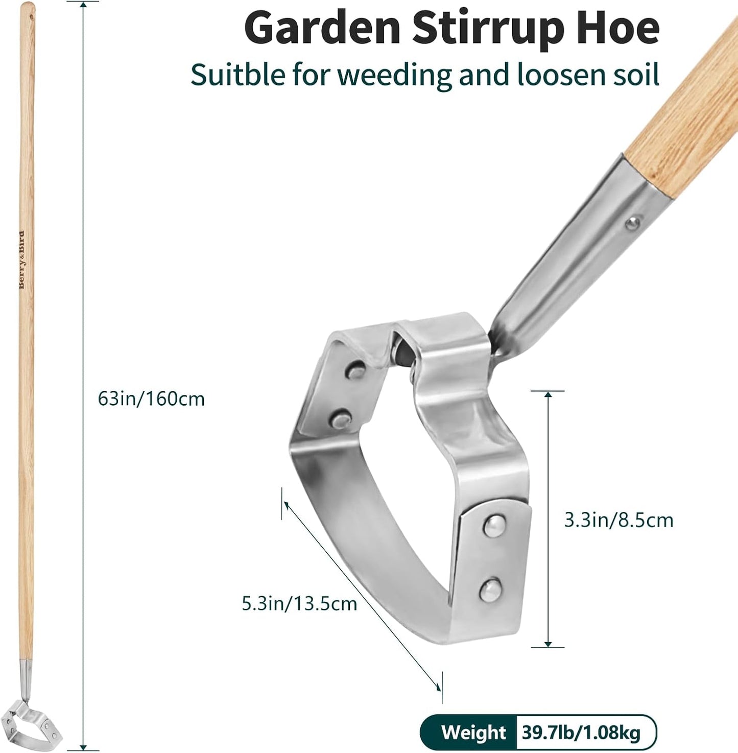 Berry&Bird Garden Weeder Hoe, 63'' Stainless Steel Hula Hoe for Weeding, Action Stirrup Hoe for Gardening Loop Scuffle Hoe with Wooden Long Handle Hand Weeder Tool Push Pull Dutch Hoe Heavy Duty