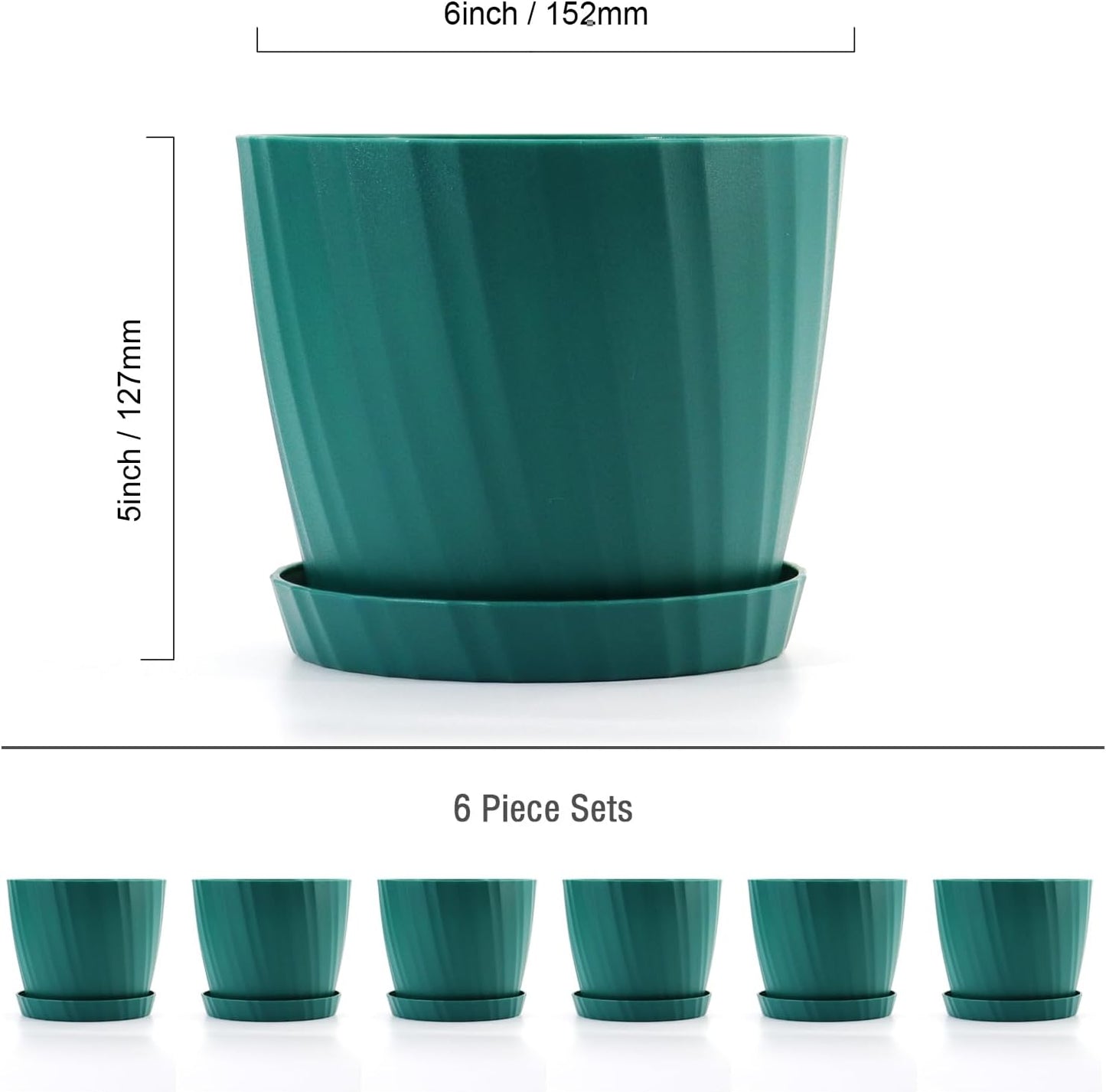 6 Inch Plant Pots Bulk, 6 Pack Plastic Planters with Drainage Holes and Saucers for Indoor Outdoor House Plants and Flowers, Green