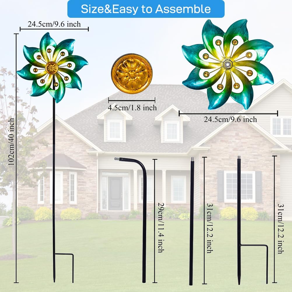 DREAMYSOUL Metal Garden Pinwheels, 9.6" Dia*40" H Kinetic Wind Spinners, Outdoor Spinners for Yard and Garden Art Lawn Decor (Cyan)