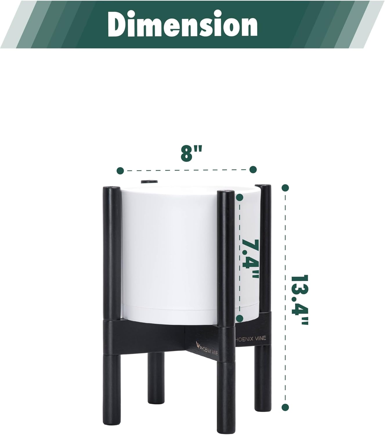 D'vine Dev Planter Pot with Stand - 8 Inch Plastic Cylinder Flower Pot with Wood Planter Holder for Indoor, Matte White Pot + Ebony Stand, 55-C-K-1