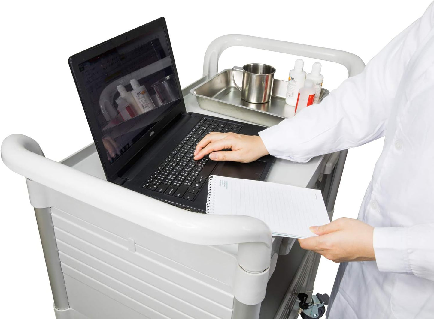 JaboEquip, Larger 3 Shelf Heavy Duty Lockable Hospital cart Medical cart, Utility Cart 606 lbs for Medical, L34.43xD19.69 inch, Off-White (Light Grey) Color