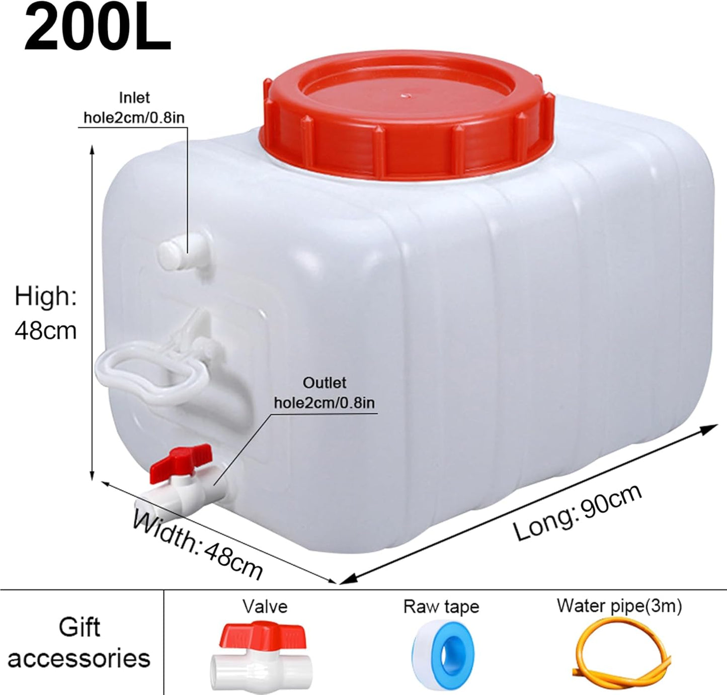 Heavy Duty Water Container Plastic Water Storage Carrier with Tap 50l 80l 110l 200l Water Tank Water Bottle Dispenser for Camping Caravan Hiking Outdoor(Size:200L)