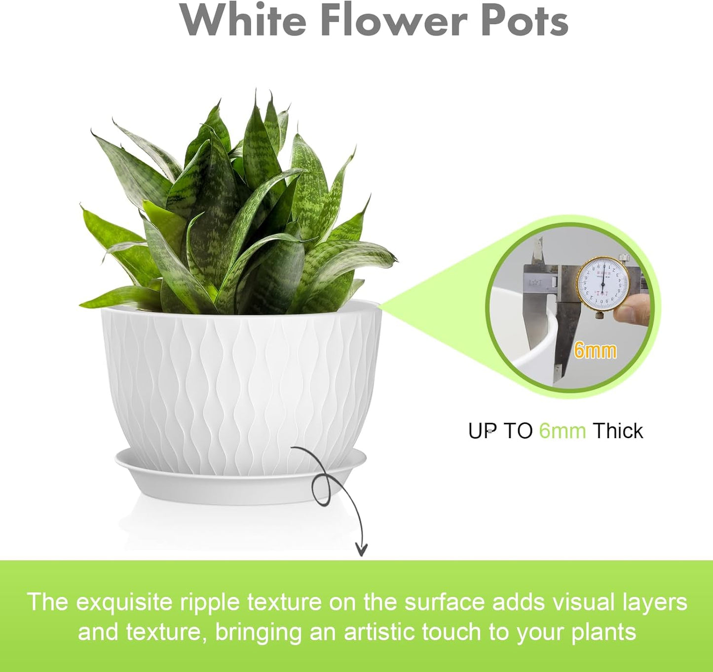 12/10/9 inch Large Plant Pots, 3 Pack Wide Flower Pots for Outdoor Indoor Plants with Water Ripples, Big Plastic Planters with Drainage Holes and Saucers for Garden House Plants, White