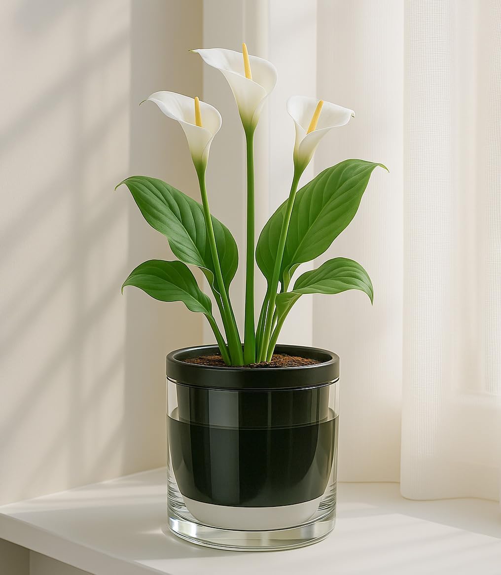 D'vine Dev 6 Inch Design Self Watering Planter for Indoor Plants, Black Terracotta Pot with Cylinder Glass Cup, Set of 2, 37-Y-B-3