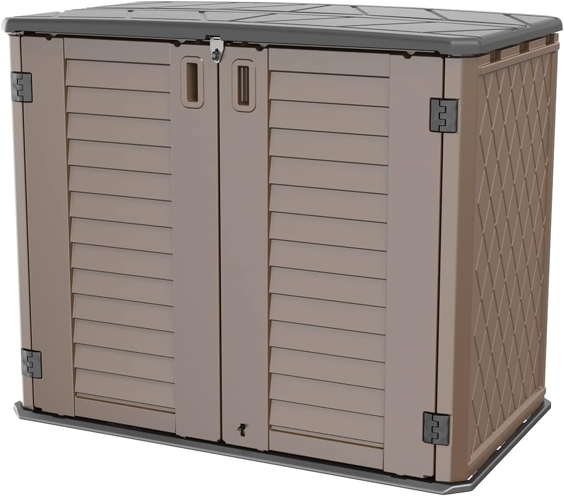 Horizontal Resin Storage Shed, 34 Horizontal Cu.ft Outdoor Storage Cabinet Waterproof for Garden/Backyard/Home/Pool, Lockable(34 Cu.ft-Brown)