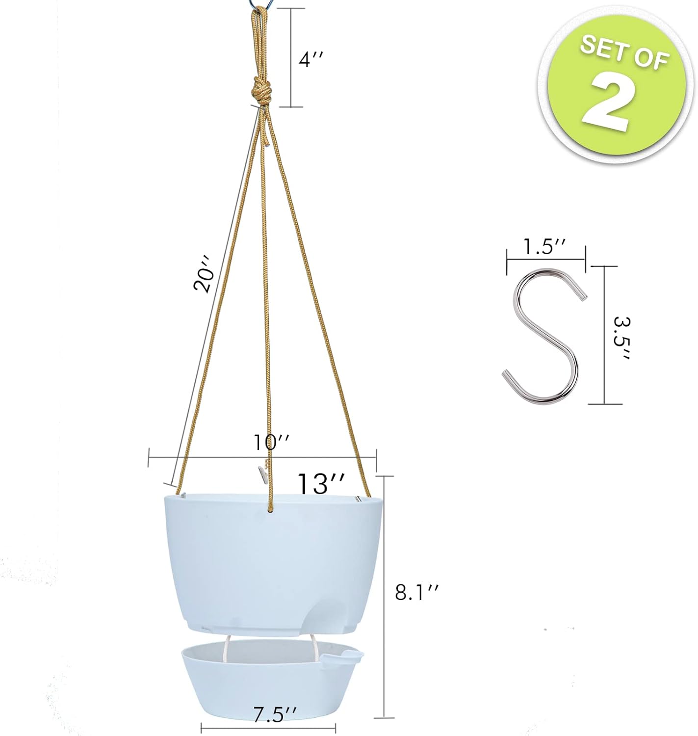 10 Inch Self Watering Hanging Pots, 2 Pack Hanging Planters with 40oZ Deep Reservior for Indoor Outdoor Plants Flowers, White