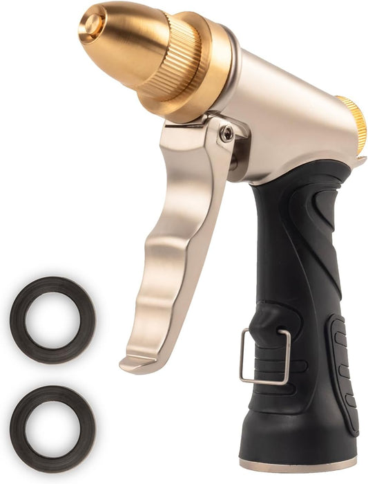 High pressure garden hose nozzle spray, heavy metal water gun, rotating can obtain different types of spray, watering plants and lawn, car washing, yard and pets (Soft Rubber Comfort Grip)