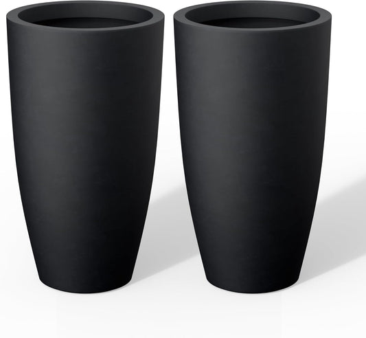 Kante 23.6" H Black Tall Planters (Set of 2), Large Outdoor Indoor Decorative Plant Pots with Drainage Hole and Rubber Plug, Modern Style for Home and Garden